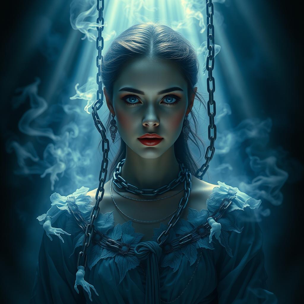A dramatic depiction of an individual spiritually imprisoned in the body of a woman, showcasing a vivid contrast between the external beauty and internal struggle