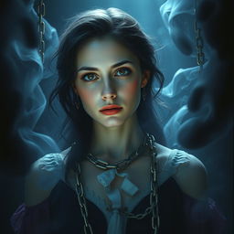 A dramatic depiction of an individual spiritually imprisoned in the body of a woman, showcasing a vivid contrast between the external beauty and internal struggle