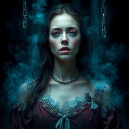 A dramatic depiction of an individual spiritually imprisoned in the body of a woman, showcasing a vivid contrast between the external beauty and internal struggle