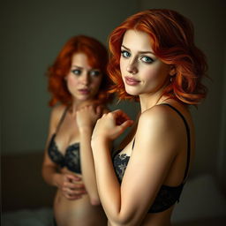 A captivating scene featuring a young woman with bright red hair, embodying a playful and flirtatious demeanor