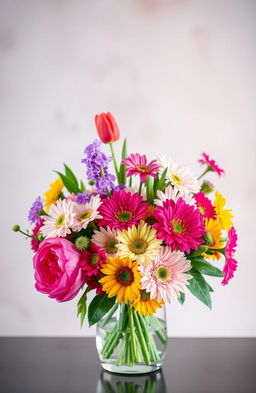 A vibrant and modern floral arrangement featuring a variety of colorful flowers including bright tulips, vivid peonies, and cheerful daisies