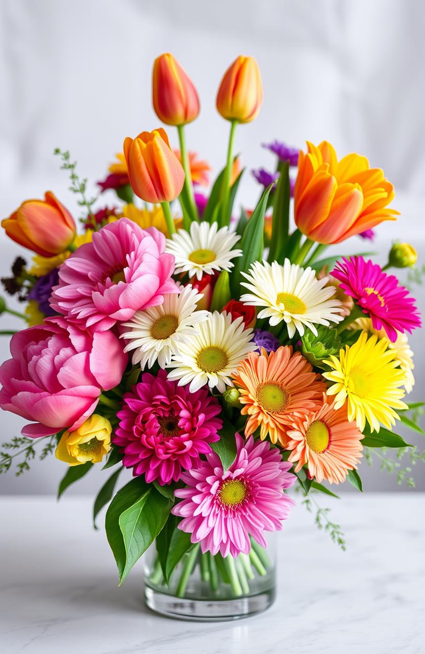 A vibrant and modern floral arrangement featuring a variety of colorful flowers including bright tulips, vivid peonies, and cheerful daisies