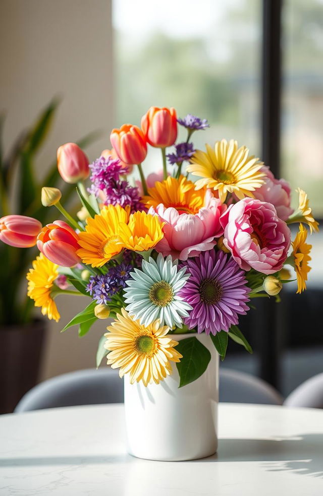 A vibrant and modern floral arrangement featuring a variety of colorful flowers including bright tulips, vivid peonies, and cheerful daisies