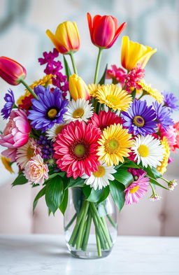 A vibrant and modern floral arrangement featuring a variety of colorful flowers including bright tulips, vivid peonies, and cheerful daisies