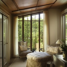 A luxurious home interior showcasing a well-balanced mix of modern and vintage decor, radiant lighting, and a stunning view through the French windows