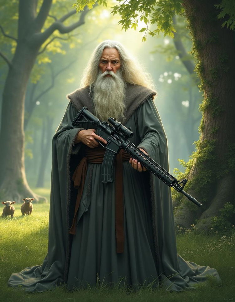 A fantastical scene featuring Gandalf, the renowned wizard from the Lord of the Rings, standing confidently in a lush, green forest