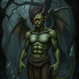 A sickly half-dragon male character, featuring scaly green skin with yellow undertones, sunken eyes that glow faintly, and tattered, worn clothing hanging loosely on his emaciated frame