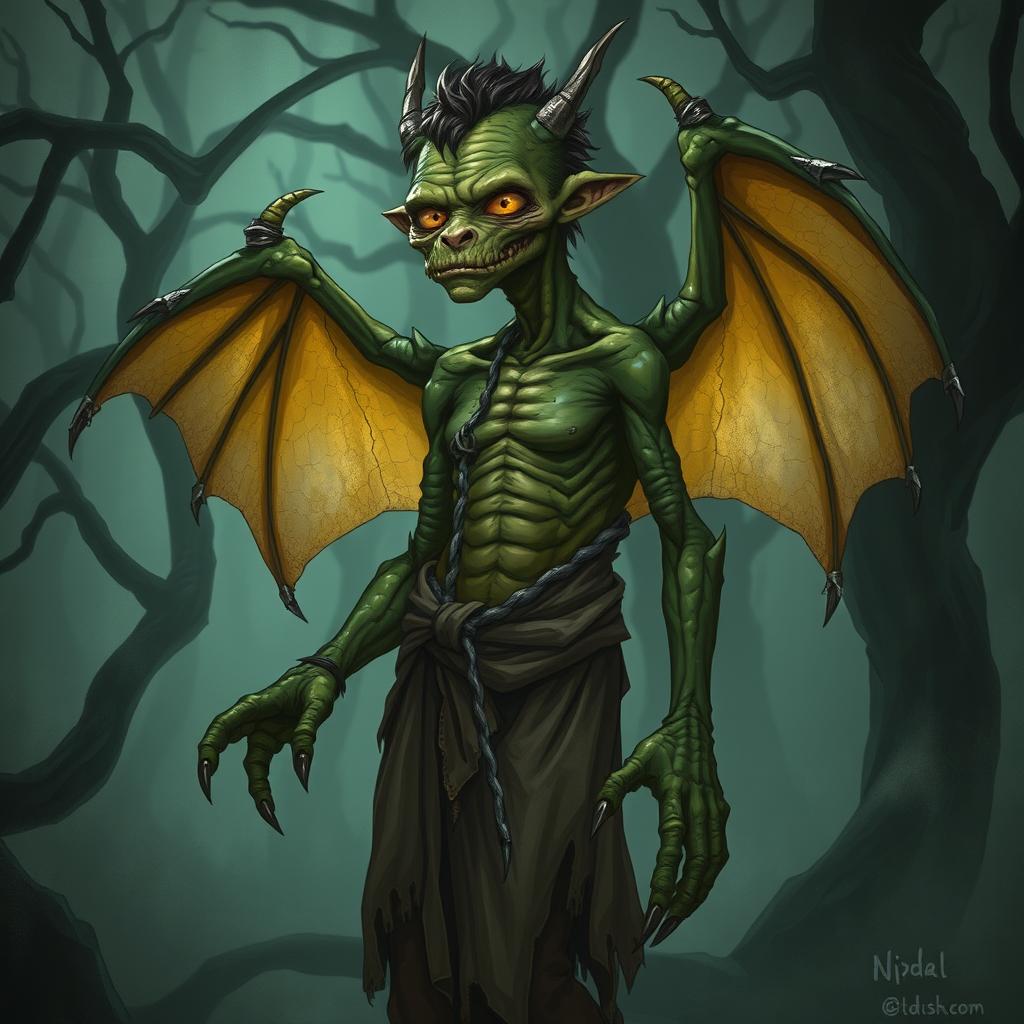 A sickly half-dragon male character, featuring scaly green skin with yellow undertones, sunken eyes that glow faintly, and tattered, worn clothing hanging loosely on his emaciated frame