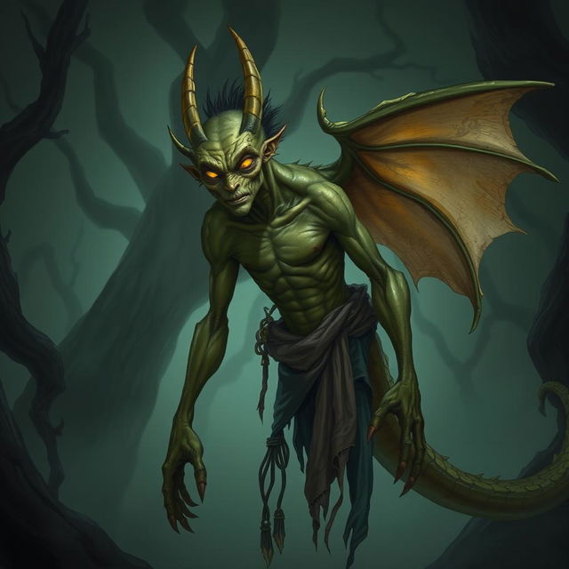 A sickly half-dragon male character, featuring scaly green skin with yellow undertones, sunken eyes that glow faintly, and tattered, worn clothing hanging loosely on his emaciated frame