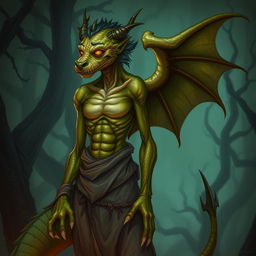 A sickly half-dragon male character, featuring scaly green skin with yellow undertones, sunken eyes that glow faintly, and tattered, worn clothing hanging loosely on his emaciated frame