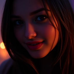A close-up of a young woman, her lips slightly parted with a charming smile, the focus on her alluring gaze