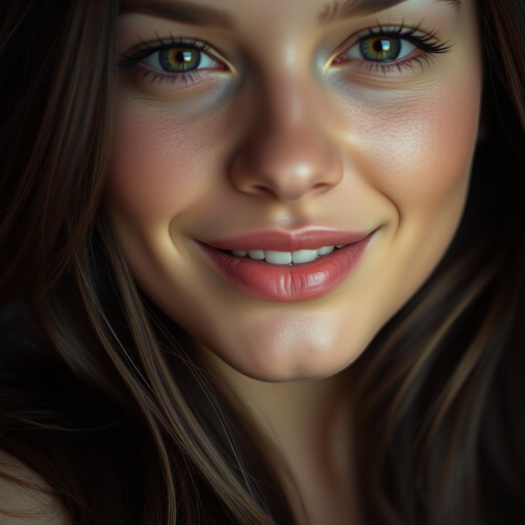 A close-up of a young woman, her lips slightly parted with a charming smile, the focus on her alluring gaze