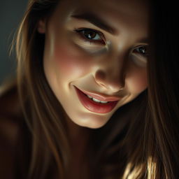 A close-up of a young woman, her lips slightly parted with a charming smile, the focus on her alluring gaze