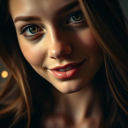 A close-up of a young woman, her lips slightly parted with a charming smile, the focus on her alluring gaze