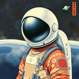 An astronaut designed in the style of traditional Japanese art, combining futuristic space elements with classic Japanese aesthetics