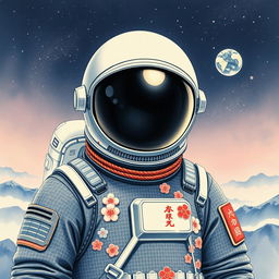An astronaut designed in the style of traditional Japanese art, combining futuristic space elements with classic Japanese aesthetics