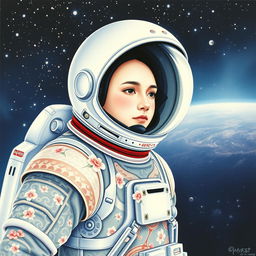 An astronaut designed in the style of traditional Japanese art, combining futuristic space elements with classic Japanese aesthetics