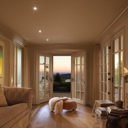 A luxurious home interior showcasing a well-balanced mix of modern and vintage decor, radiant lighting, and a stunning view through the French windows
