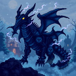 A mysterious undead dragon designed in pixel art style, featuring glowing eyes and ethereal wisps around it
