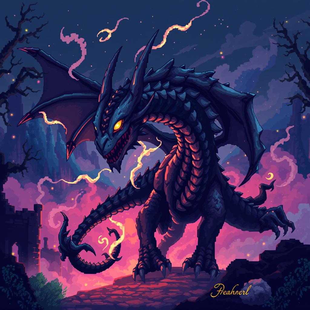 A mysterious undead dragon designed in pixel art style, featuring glowing eyes and ethereal wisps around it