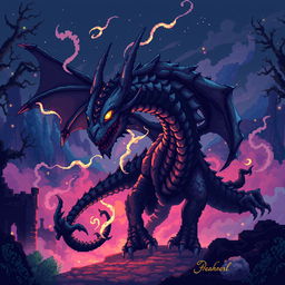 A mysterious undead dragon designed in pixel art style, featuring glowing eyes and ethereal wisps around it