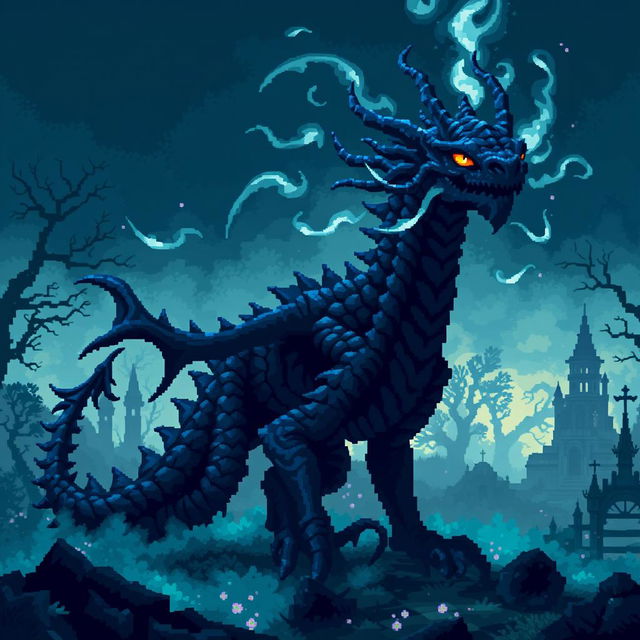 A mysterious undead dragon designed in pixel art style, featuring glowing eyes and ethereal wisps around it