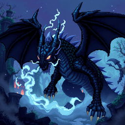 A mysterious undead dragon designed in pixel art style, featuring glowing eyes and ethereal wisps around it