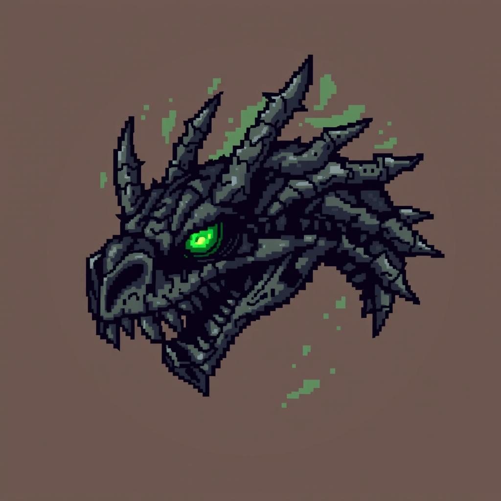 A mysterious undead dragon head depicted in pixel art style, featuring glowing green eyes and intricate, pixelated bone structures