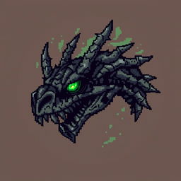 A mysterious undead dragon head depicted in pixel art style, featuring glowing green eyes and intricate, pixelated bone structures