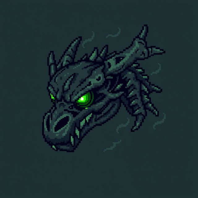 A mysterious undead dragon head depicted in pixel art style, featuring glowing green eyes and intricate, pixelated bone structures