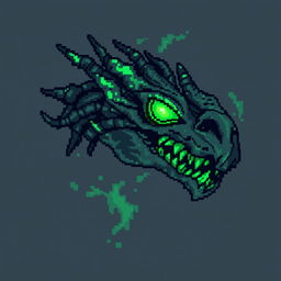 A mysterious undead dragon head depicted in pixel art style, featuring glowing green eyes and intricate, pixelated bone structures