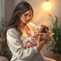 A realistic scene depicting a beautiful woman gently cradling a baby in her arms, while a soft, warm light bathes them in a soothing atmosphere