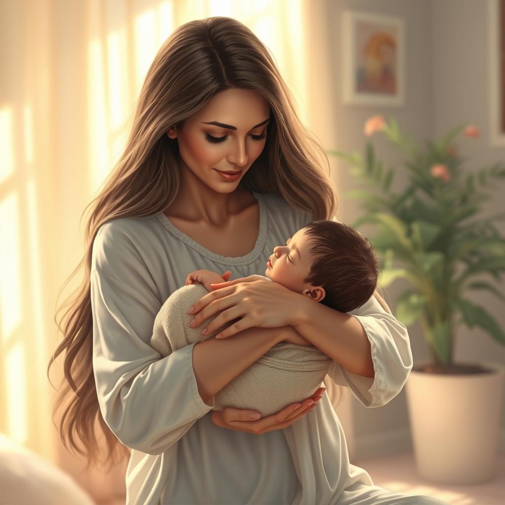 A realistic scene depicting a beautiful woman gently cradling a baby in her arms, while a soft, warm light bathes them in a soothing atmosphere