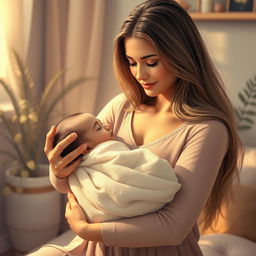 A realistic scene depicting a beautiful woman gently cradling a baby in her arms, while a soft, warm light bathes them in a soothing atmosphere