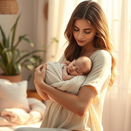 A realistic scene depicting a beautiful woman gently cradling a baby in her arms, while a soft, warm light bathes them in a soothing atmosphere