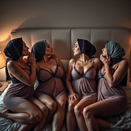 Four mature women wearing headscarves and sexy see-through nightgowns, passionately kissing in bed