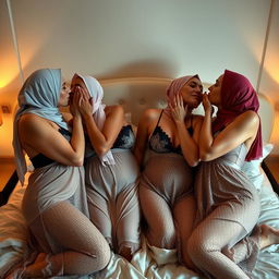Four mature women wearing headscarves and sexy see-through nightgowns, passionately kissing in bed