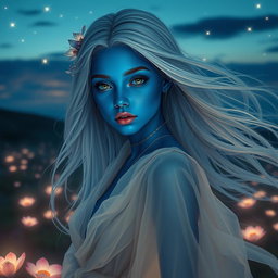 A girl with vibrant blue skin, showcasing her striking features and unique beauty