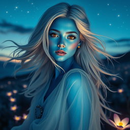 A girl with vibrant blue skin, showcasing her striking features and unique beauty
