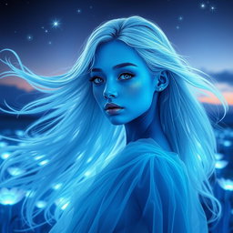 A girl with vibrant blue skin, showcasing her striking features and unique beauty