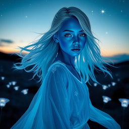 A girl with vibrant blue skin, showcasing her striking features and unique beauty