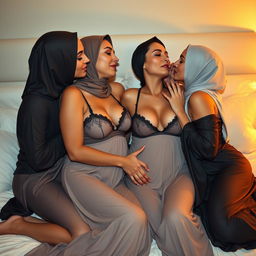 Four mature women wearing headscarves with fair skin, large breasts, and sexy lingerie nightgowns, embracing and kissing passionately on a luxurious bed