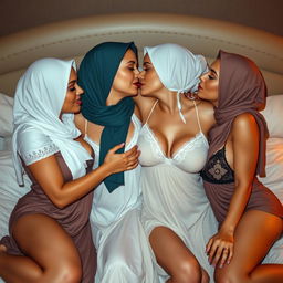 Four mature women wearing headscarves with fair skin, large breasts, and sexy lingerie nightgowns, embracing and kissing passionately on a luxurious bed