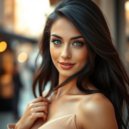 A captivating portrait of a sexy young woman with long, flowing dark hair, striking green eyes, and a confident expression