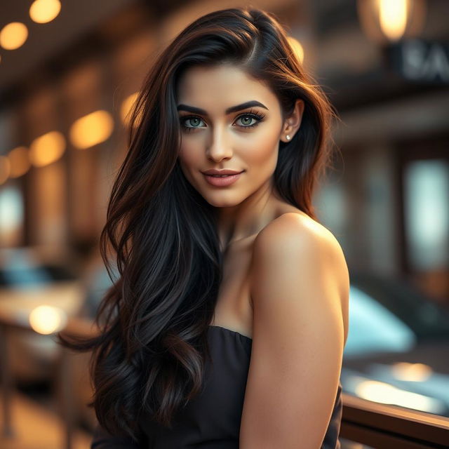 A captivating portrait of a sexy young woman with long, flowing dark hair, striking green eyes, and a confident expression