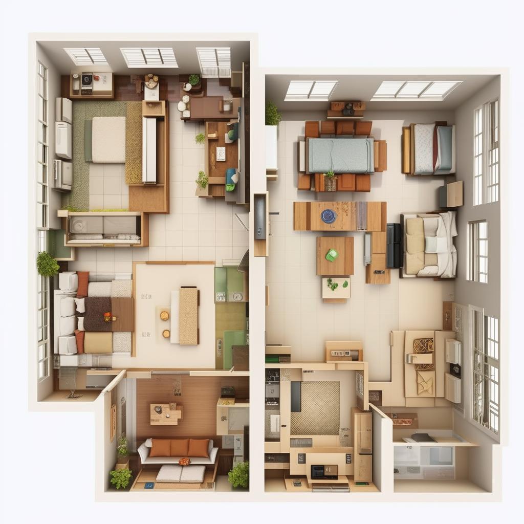 2BHK (bedroom, hall, and kitchen) home interior floor plan, designed with optimal flow of spaces, well organized living area, compact kitchen, sleek bathrooms and cosy bedrooms