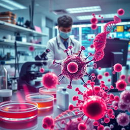 A visually compelling and intricate representation of biotechnology, cancer, and medicine combined into a single image
