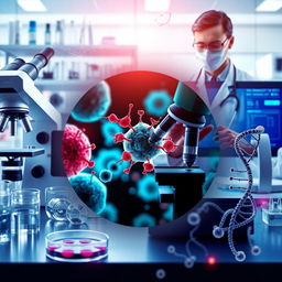 A visually compelling and intricate representation of biotechnology, cancer, and medicine combined into a single image
