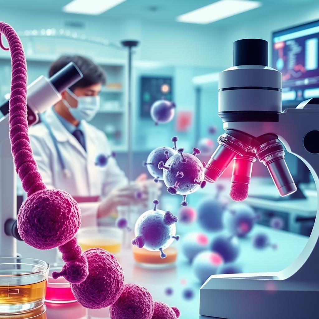 A visually compelling and intricate representation of biotechnology, cancer, and medicine combined into a single image