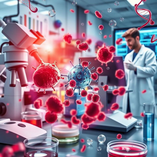 A visually compelling and intricate representation of biotechnology, cancer, and medicine combined into a single image